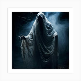 Ghostly Figure Draped In A Shroud Like Veil Hands Reaching Out As If For Help Eyes Wide With Blind Art Print