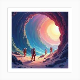 Watercolor Astronauts Exploring A Colorful Cosmic Cave On An Alien World 1 Art Print