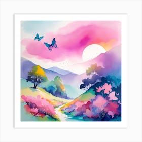 Sunset With Butterflies Art Print