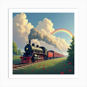 Classic Steam Train Crossing A Rainbow Filled Sky 1 Art Print