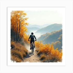 Mountain Bike On A Misty Hillside Trail With Autumn Colors Watercolor 1 Art Print