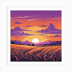 Summer Landscape Sunset In The Desert Cartoon Style Sunset Landscape With Grass Field And Trees (4) Art Print