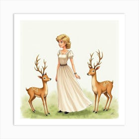 Princess Diana In A Watercolor Scene With Graceful Deer 1 Art Print