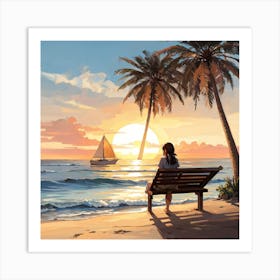 Sunset And A Woman Sitting On The Seashore Art Print