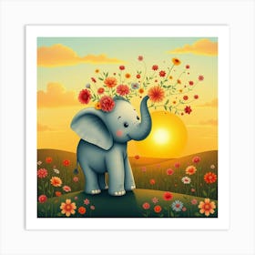 Whimsical Elephant With Floral Ears Spraying Colorful Blossoms Into The Air Under A Golden Sunset 1 Art Print