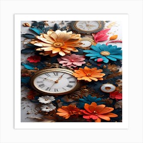 Clocks And Flowers Art Print