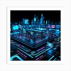 Cutting Edge Industrial Management And Automation System Interface Neon Glowing Lines On A Dark Bac (6) Art Print