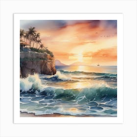 Sea Sunset Watercolor 3 Art Print