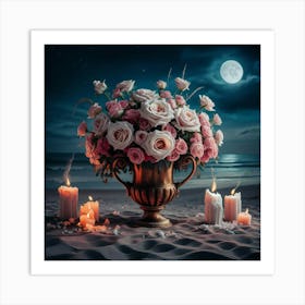 vase of Roses ander moon light 3 Art Print