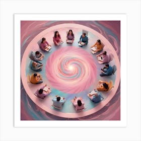 A Diverse Group Of People Sit In A Circle On A Platform With A Swirling Vortex Design Beneath Them Art Print