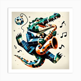 A Swinging Crocodile With A Diamond Saxophone, Inspired By The Cubist Collages Of Georges Braque 3 Art Print