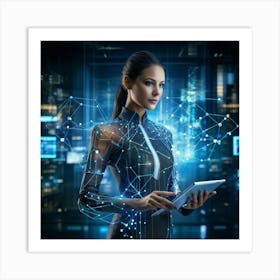 Cybernetic Advocate A Businesswoman Encapsulated In A Futuristic Suit Her Hand Garnished With Hol (5) Art Print