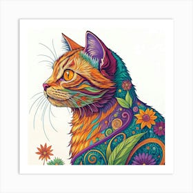 Boho Cat With Whimsical Flowers Art Print