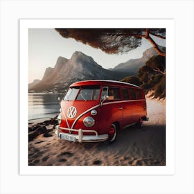 A Old Vintage Classic Red Vw Combi At The Beach 4 Art Print