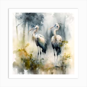 Storks Ink & Watercolour Painting Art Print