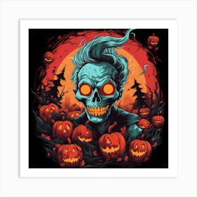 Skeleton With Pumpkins Art Print