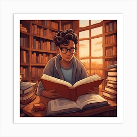 Boy Reading Book In Library Art Print