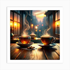 Two Cups Of Coffee On A Wooden Table Art Print