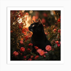 Black Cat in a Floral Sunset Garden 5 Art Print