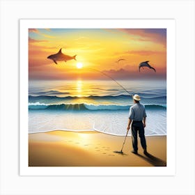 Fishing With Dolphins Art Print