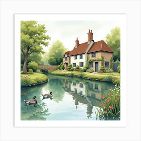 Charming English Village Pond, Watercolor With Ducks And Reflection 1 Art Print