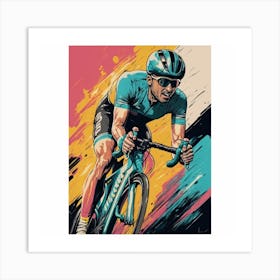 A contemporary and vibrant art print featuring a close-up portrait of a cyclist in motion, capturing the dynamic energy of urban cycling culture. This modern and visually impactful art print is ideal for fitness enthusiasts and those who appreciate the fusion of athleticism and artistic expression in home decor. Art Print