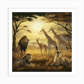 Lions And Giraffes Art Print