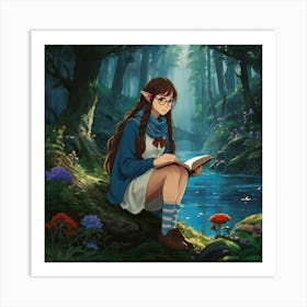 Studio Ghibli ~ Hayao Miyazaki ~ Beautiful elf woman with braided long brown hair, brown eyes, and freckles. wearing a blue scarf, glasses, comfy looking outfit, skirt and thigh highs. sitting and reading a book in a whimsical magical forest with water nearby. whimsical, tetradic colors, The style is highly detailed and vivid, with a blend of realism and fantasy art elements, emphasizing a moody and ethereal ambiance. epic masterpiece, cinematic experience, 8k, fantasy digital art, HDR, UHD. This contrast between the fantastical character and the more traditional fantasy color scheme and elements gives the piece an intriguing narrative quality. 3 Art Print