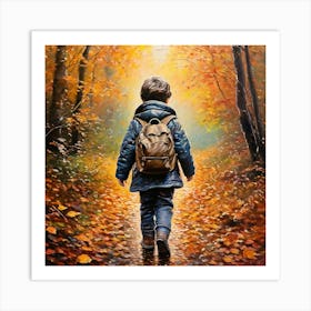 Pastel Drawing Of Autistic Child With Rucksack Walking Through Autumn Wood With Leaves Falling With(1) Art Print