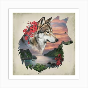 Wolf With Flowers 3 Poster