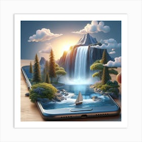 A smartphone whose screen displays a miniature view of a waterfall. 4 Art Print