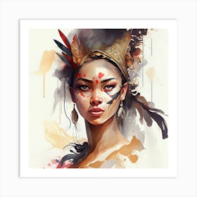 Watercolor Floral Indian Native Woman #7 Art Print