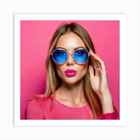 Firefly Blue Eyes, Fashion, Pink Glasses, Pink Lips, Pink Background, Glass Lens, Stylish, Vibrant, (9) Art Print