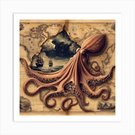 Octopus On A Map 3 Art Print