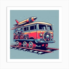 retro Bus With train wheels and Rocket Art Print