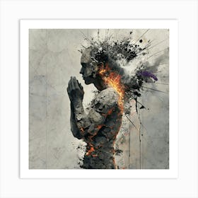 Surreal Collage Of Fragmenting Human Figure With Fiery Embers Art Print