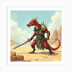 Dragon Slayer Wielding A Massive Sword In A Desert, Watercolor Scene 1 Art Print