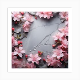 Cherry Blossoms On Marble Background Art Print