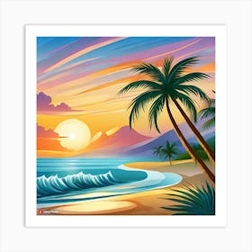 A Serene Beach Sunrise With Coconut And Palm Trees, Gentle Waves. Art Print