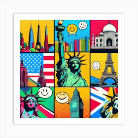 Smiley World: A Pop Art Collage of Famous Landmarks Art Print