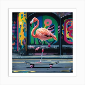 Flamingo On Skateboard 1 Art Print