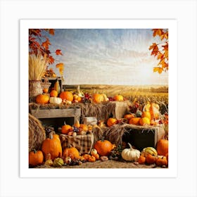 Autumn Harvest Scene Arranged Rustic Style Brimming With Seasonal Abundance Pumpkins Nestled Amon (1) Art Print