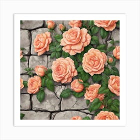 Peach-Colored Climbing Roses On Stone Wall Art Print