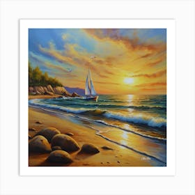 Oil painting design on canvas. Sandy beach rocks. Waves. Sailboat. Seagulls. The sun before sunset.10 Art Print