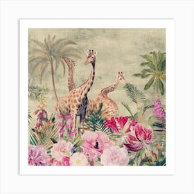 Floral Vintage Africa Giraffes Art Print