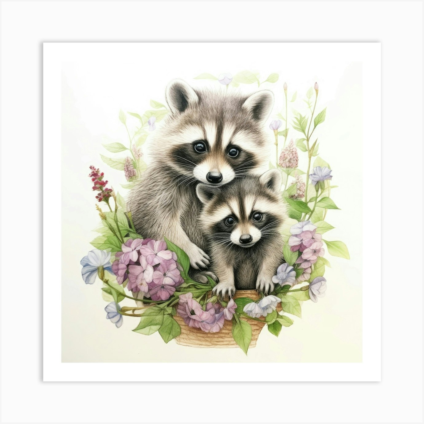 Baby Raccoons In A Basket Póster