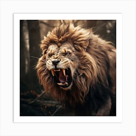 Lion Roaring In The Forest Art Print