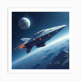 Watercolor Futuristic Space Station With Glowing Lights Orbiting A Planet 1 Art Print