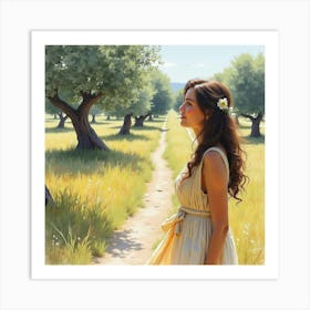 A Beautiful Greek Woman In Watercolor, Enjoying The Peaceful Ambiance Of An Olive Grove 1 Art Print