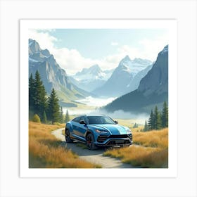 Lamborghini Urus In A Watercolor Mountain Valley With Misty Clouds 1 1 Art Print